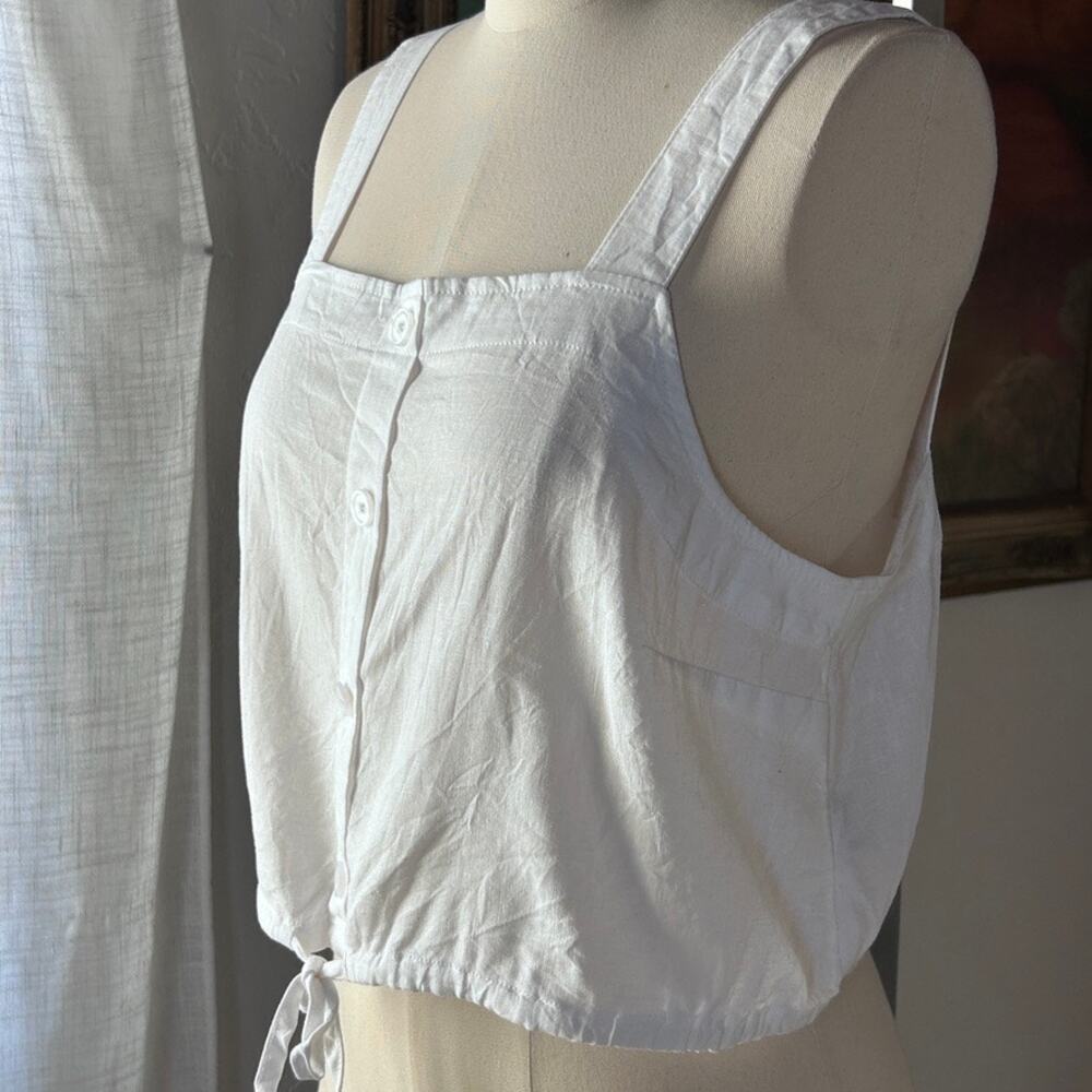Linen Crop Top Euro Summer Square Neck Peasant Coastal Prairie Tie Hem Women M - Picture 3 of 8